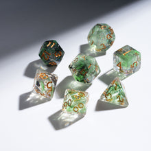 Load image into Gallery viewer, Resin Dice Set for DND – 7pc Polyhedral Set with Glitter and Foil – Stunning and Cool RPG Dice Compatible with Dungeons &amp; Dragons, Pathfinder, and Other TTRPGs
