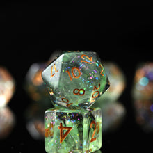 Load image into Gallery viewer, Resin Dice Set for DND – 7pc Polyhedral Set with Glitter and Foil – Stunning and Cool RPG Dice Compatible with Dungeons &amp; Dragons, Pathfinder, and Other TTRPGs
