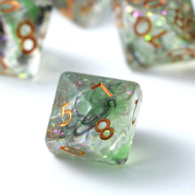 Load image into Gallery viewer, Resin Dice Set for DND – 7pc Polyhedral Set with Glitter and Foil – Stunning and Cool RPG Dice Compatible with Dungeons &amp; Dragons, Pathfinder, and Other TTRPGs
