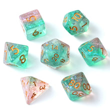 Load image into Gallery viewer, Resin Dice Set for DND – 7pc Polyhedral Set with Glitter and Foil – Stunning and Cool RPG Dice Compatible with Dungeons &amp; Dragons, Pathfinder, and Other TTRPGs Green Pink with Glitter
