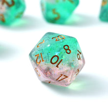 Load image into Gallery viewer, Resin Dice Set for DND – 7pc Polyhedral Set with Glitter and Foil – Stunning and Cool RPG Dice Compatible with Dungeons &amp; Dragons, Pathfinder, and Other TTRPGs
