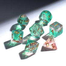 Load image into Gallery viewer, Resin Dice Set for DND – 7pc Polyhedral Set with Glitter and Foil – Stunning and Cool RPG Dice Compatible with Dungeons &amp; Dragons, Pathfinder, and Other TTRPGs
