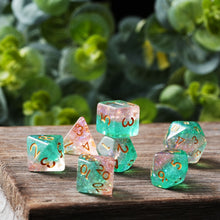 Load image into Gallery viewer, Resin Dice Set for DND – 7pc Polyhedral Set with Glitter and Foil – Stunning and Cool RPG Dice Compatible with Dungeons &amp; Dragons, Pathfinder, and Other TTRPGs
