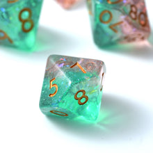 Load image into Gallery viewer, Resin Dice Set for DND – 7pc Polyhedral Set with Glitter and Foil – Stunning and Cool RPG Dice Compatible with Dungeons &amp; Dragons, Pathfinder, and Other TTRPGs
