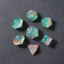 Load image into Gallery viewer, Resin Dice Set for DND – 7pc Polyhedral Set with Glitter and Foil – Stunning and Cool RPG Dice Compatible with Dungeons &amp; Dragons, Pathfinder, and Other TTRPGs

