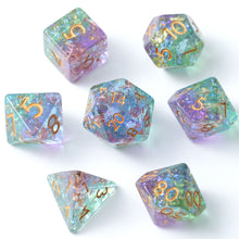 Load image into Gallery viewer, Resin Dice Set for DND – 7pc Polyhedral Set with Glitter and Foil – Stunning and Cool RPG Dice Compatible with Dungeons &amp; Dragons, Pathfinder, and Other TTRPGs Green Purple with Glitter
