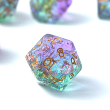 Load image into Gallery viewer, Resin Dice Set for DND – 7pc Polyhedral Set with Glitter and Foil – Stunning and Cool RPG Dice Compatible with Dungeons &amp; Dragons, Pathfinder, and Other TTRPGs

