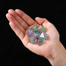Load image into Gallery viewer, Resin Dice Set for DND – 7pc Polyhedral Set with Glitter and Foil – Stunning and Cool RPG Dice Compatible with Dungeons &amp; Dragons, Pathfinder, and Other TTRPGs
