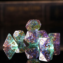 Load image into Gallery viewer, Resin Dice Set for DND – 7pc Polyhedral Set with Glitter and Foil – Stunning and Cool RPG Dice Compatible with Dungeons &amp; Dragons, Pathfinder, and Other TTRPGs
