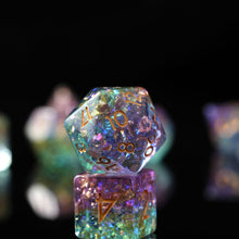 Load image into Gallery viewer, Resin Dice Set for DND – 7pc Polyhedral Set with Glitter and Foil – Stunning and Cool RPG Dice Compatible with Dungeons &amp; Dragons, Pathfinder, and Other TTRPGs

