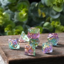 Load image into Gallery viewer, Resin Dice Set for DND – 7pc Polyhedral Set with Glitter and Foil – Stunning and Cool RPG Dice Compatible with Dungeons &amp; Dragons, Pathfinder, and Other TTRPGs

