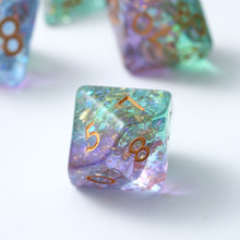 Load image into Gallery viewer, Resin Dice Set for DND – 7pc Polyhedral Set with Glitter and Foil – Stunning and Cool RPG Dice Compatible with Dungeons &amp; Dragons, Pathfinder, and Other TTRPGs
