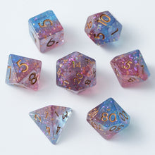 Load image into Gallery viewer, Resin Dice Set for DND – 7pc Polyhedral Set with Glitter and Foil – Stunning and Cool RPG Dice Compatible with Dungeons &amp; Dragons, Pathfinder, and Other TTRPGs Pink Blue with Glitter and Copper Foil
