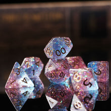 Load image into Gallery viewer, Resin Dice Set for DND – 7pc Polyhedral Set with Glitter and Foil – Stunning and Cool RPG Dice Compatible with Dungeons &amp; Dragons, Pathfinder, and Other TTRPGs
