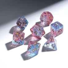Load image into Gallery viewer, Resin Dice Set for DND – 7pc Polyhedral Set with Glitter and Foil – Stunning and Cool RPG Dice Compatible with Dungeons &amp; Dragons, Pathfinder, and Other TTRPGs
