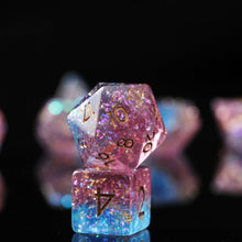 Load image into Gallery viewer, Resin Dice Set for DND – 7pc Polyhedral Set with Glitter and Foil – Stunning and Cool RPG Dice Compatible with Dungeons &amp; Dragons, Pathfinder, and Other TTRPGs
