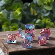 Load image into Gallery viewer, Resin Dice Set for DND – 7pc Polyhedral Set with Glitter and Foil – Stunning and Cool RPG Dice Compatible with Dungeons &amp; Dragons, Pathfinder, and Other TTRPGs
