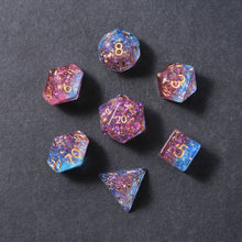 Load image into Gallery viewer, Resin Dice Set for DND – 7pc Polyhedral Set with Glitter and Foil – Stunning and Cool RPG Dice Compatible with Dungeons &amp; Dragons, Pathfinder, and Other TTRPGs

