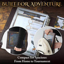 Load image into Gallery viewer, Vintage Adventurer's Portfolio – Shadow Brown with Gold Foil PU Leather Character Sheet Binder for DND with Spell Card Organizer and Storage Pockets
