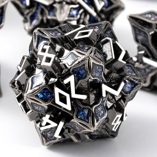 Metal Dice for DND - Spire Sanctum Series - Beautiful Polyhedral 7 Piece Dice Set (Antique Silver Blue Glitter)