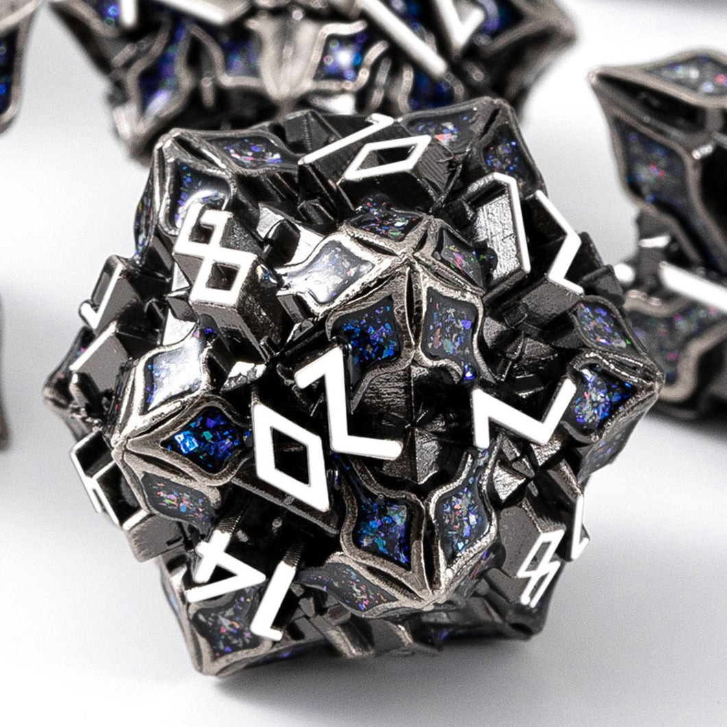 Metal Dice for DND - Spire Sanctum Series - Beautiful Polyhedral 7 Piece Dice Set (Antique Silver Blue Glitter)