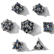 Load image into Gallery viewer, Metal Dice for DND - Spire Sanctum Series - Beautiful Polyhedral 7 Piece Dice Set (Antique Silver Blue Glitter)
