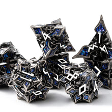 Load image into Gallery viewer, Metal Dice for DND - Spire Sanctum Series - Beautiful Polyhedral 7 Piece Dice Set (Antique Silver Blue Glitter)
