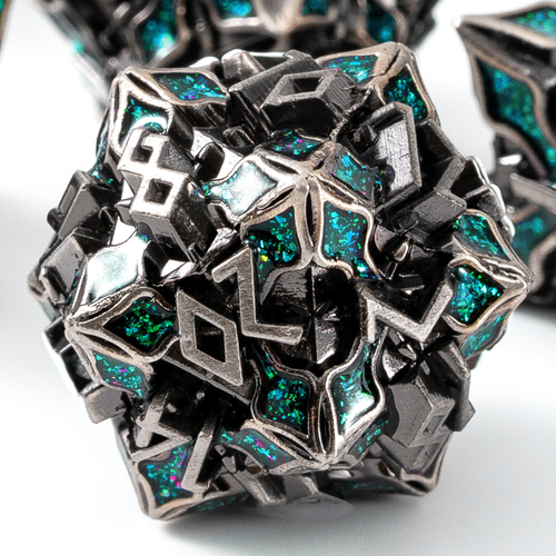 Metal Dice for DND - Spire Sanctum Series - Beautiful Polyhedral 7 Piece Dice Set (Silver Green Glitter)
