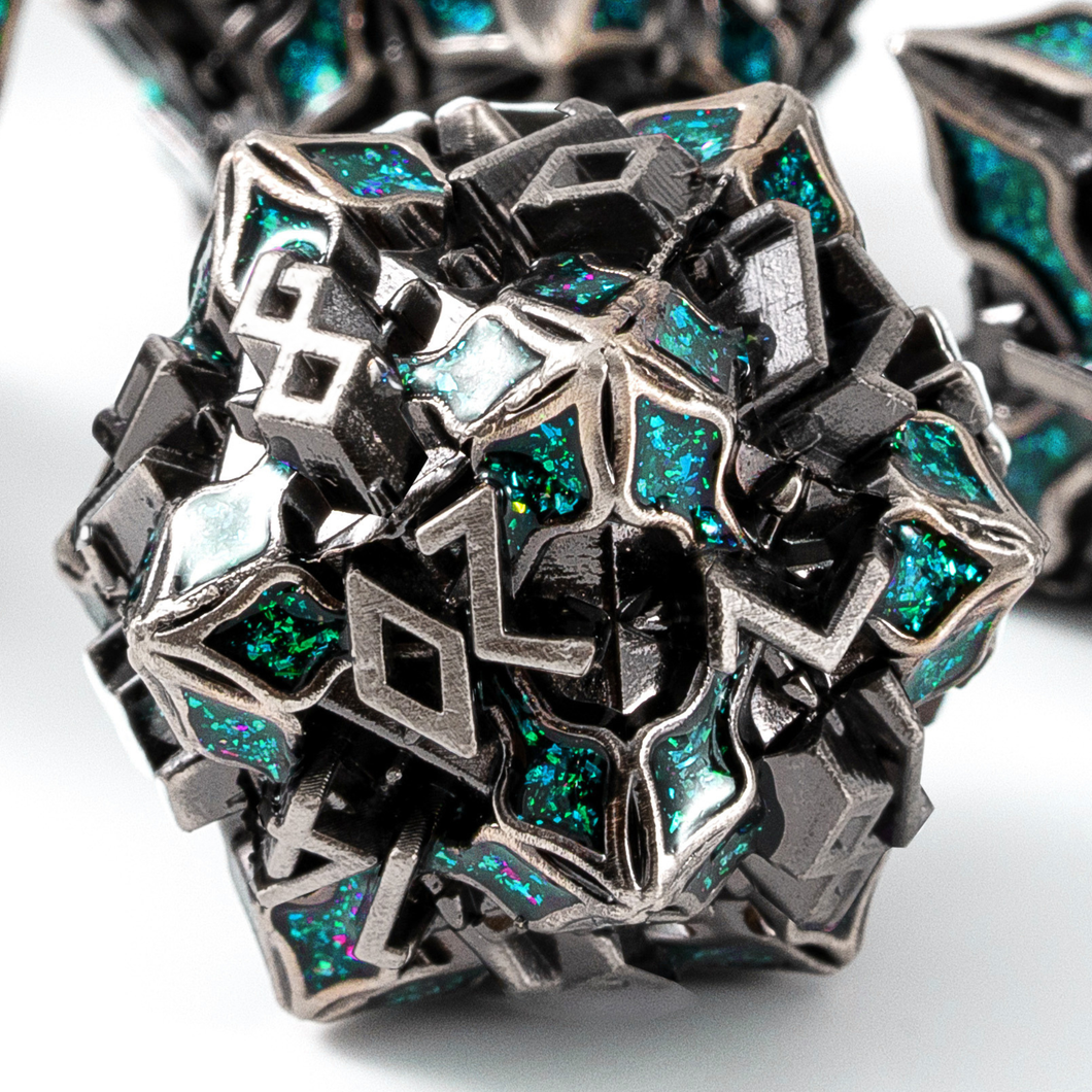 Metal Dice for DND - Spire Sanctum Series - Beautiful Polyhedral 7 Piece Dice Set (Silver Green Glitter)