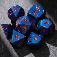Load image into Gallery viewer, Beautiful Cracked Blue with Red Cracks Polyhedral Metal Dice Set
