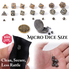 Load image into Gallery viewer, Micro Metal Dice Set for DND - MiniChrono’s Tiny Dice in Magic Circle Pocketwatch Case
