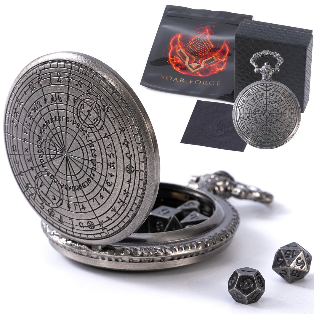 Micro Metal Dice Set for DND - MiniChrono’s Tiny Dice in Magic Circle Pocketwatch Case Magic Gunmetal