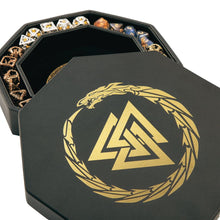 Load image into Gallery viewer, DND Dice Tray 3 Interlocked Triangles (Valknut) and Dragon Design (ALL VARIATIONS) Gold
