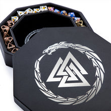 Load image into Gallery viewer, DND Dice Tray 3 Interlocked Triangles (Valknut) and Dragon Design (ALL VARIATIONS) Brown Silver
