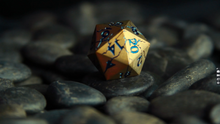 Load and play video in Gallery viewer, DND Metal Dice - Pharaoh Ruins Gold Metal Dice with Green Cracks
