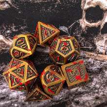 Load image into Gallery viewer, Ancient Gold Dragon Scale Blood Splattered Metal Dice
