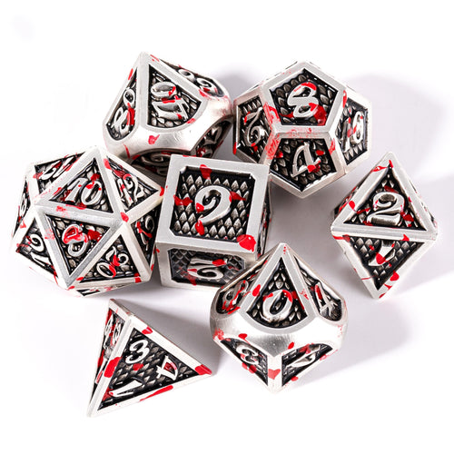 Light Silver and Black Dragon Scale Blood Splattered Metal Dice