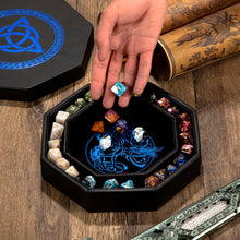Load image into Gallery viewer, DND Dice Tray Blue Celtic Knot &amp; World Tree
