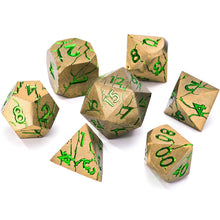 Load image into Gallery viewer, DND Metal Dice - Pharaoh Ruins Gold Metal Dice with Green Cracks
