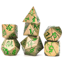 Load image into Gallery viewer, DND Metal Dice - Pharaoh Ruins Gold Metal Dice with Green Cracks
