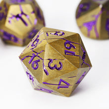 Load image into Gallery viewer, DND Metal Dice - Pharaoh Ruins Gold Metal Dice with Purple Cracks
