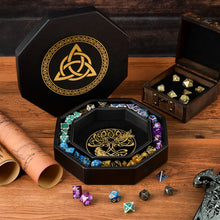 Load image into Gallery viewer, DND Dice Tray Gold Celtic Knot &amp; World Tree Design
