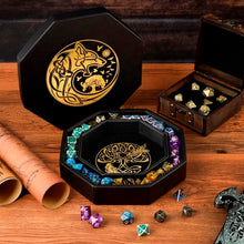 Load image into Gallery viewer, DND Dice Tray Gold Wolf &amp; World Tree
