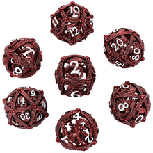 Load image into Gallery viewer, Unique 7-Piece Round Hollow Orb Metal Dice Set - Dragon Design
