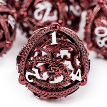 Load image into Gallery viewer, Unique 7-Piece Round Hollow Orb Metal Dice Set - Dragon Design
