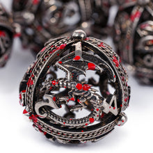 Load image into Gallery viewer, Unique 7-Piece Round Hollow Orb Metal Dice Set - Dragon Design Dragon (Iron Blood)
