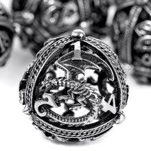 Load image into Gallery viewer, Unique 7-Piece Round Hollow Orb Metal Dice Set - Dragon Design Dragon (Ancient Iron)
