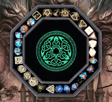Load image into Gallery viewer, DND Dice Tray Green 3 Interlocked Triangles (Valknut) and Dragon Design
