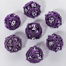 Load image into Gallery viewer, Unique 7-Piece Round Hollow Orb Metal Dice Set - Dragon Design
