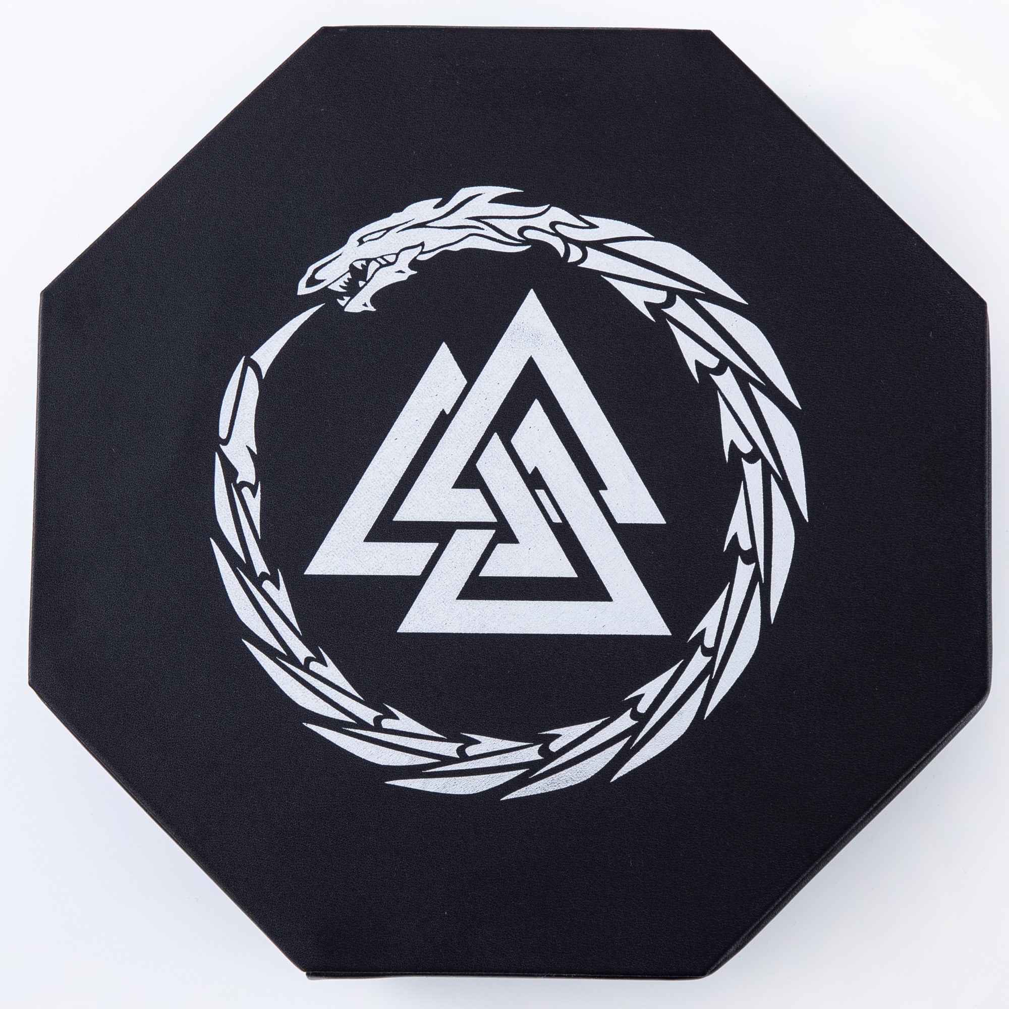 DND Dice Tray Silver 3 Interlocked Triangles (Valknut) and Dragon Design